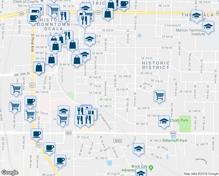 map of restaurants, bars, coffee shops, grocery stores, and more near 822 Southeast 11th Street in Ocala