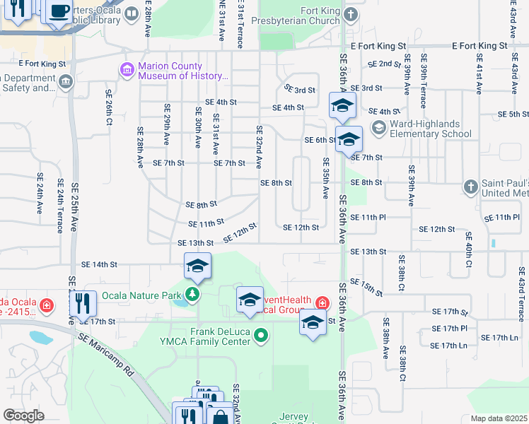 map of restaurants, bars, coffee shops, grocery stores, and more near 1111 Southeast 32nd Avenue in Ocala