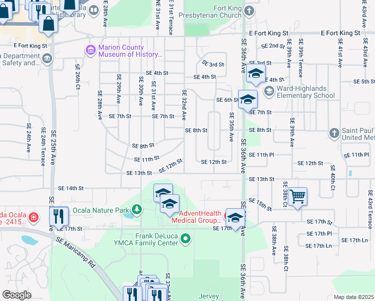 map of restaurants, bars, coffee shops, grocery stores, and more near 1111 Southeast 32nd Avenue in Ocala