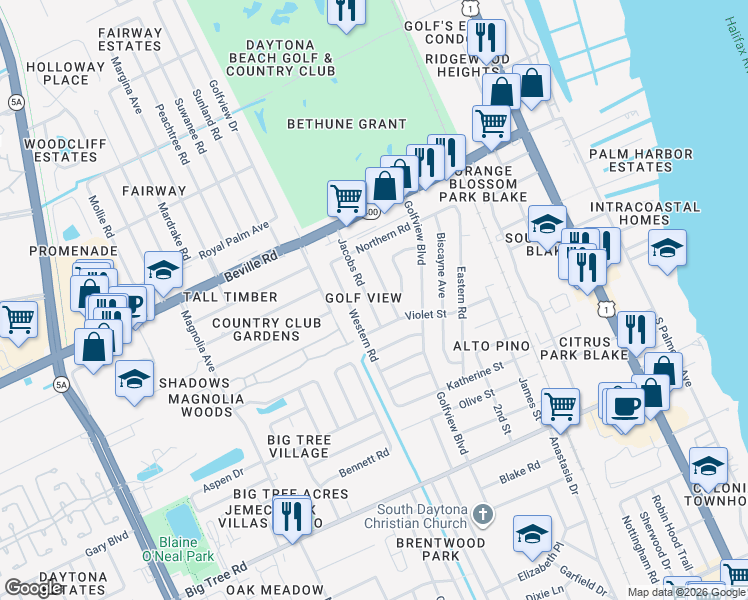 map of restaurants, bars, coffee shops, grocery stores, and more near 1706 Caldwell Road in South Daytona