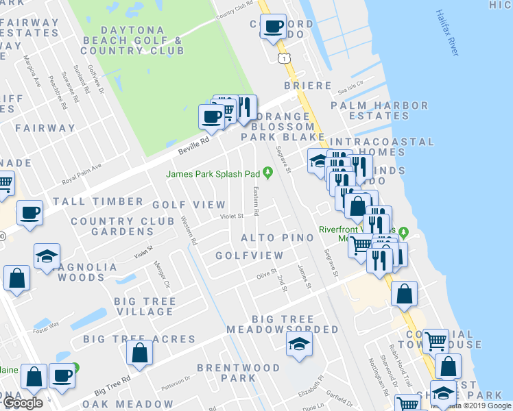 map of restaurants, bars, coffee shops, grocery stores, and more near 1783 Eastern Road in Daytona Beach
