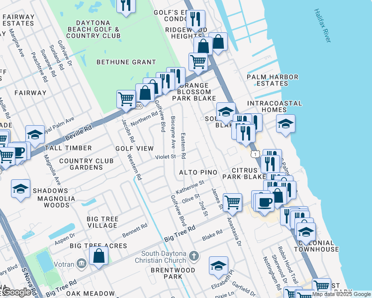 map of restaurants, bars, coffee shops, grocery stores, and more near 1769 Eastern Road in South Daytona