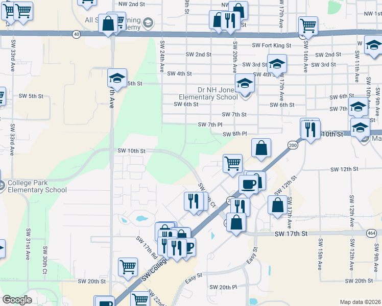 map of restaurants, bars, coffee shops, grocery stores, and more near 711 Southwest 23rd Avenue in Ocala