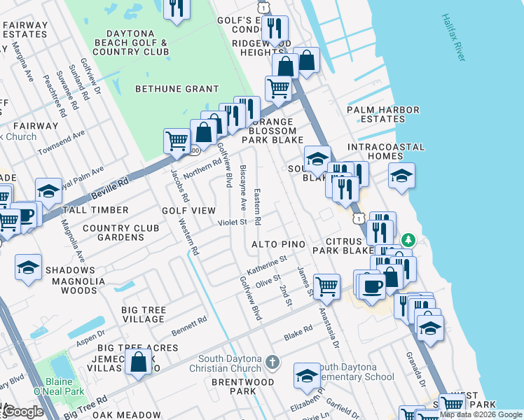 map of restaurants, bars, coffee shops, grocery stores, and more near 1769 Eastern Road in South Daytona