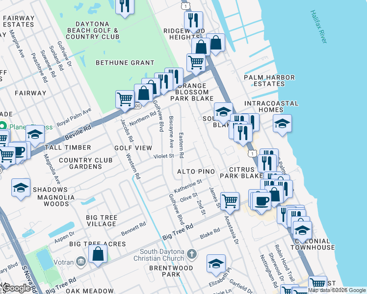map of restaurants, bars, coffee shops, grocery stores, and more near 1769 Eastern Road in South Daytona