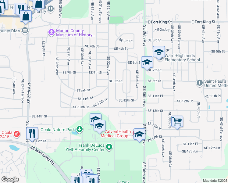 map of restaurants, bars, coffee shops, grocery stores, and more near 1116 Southeast 33rd Avenue in Ocala
