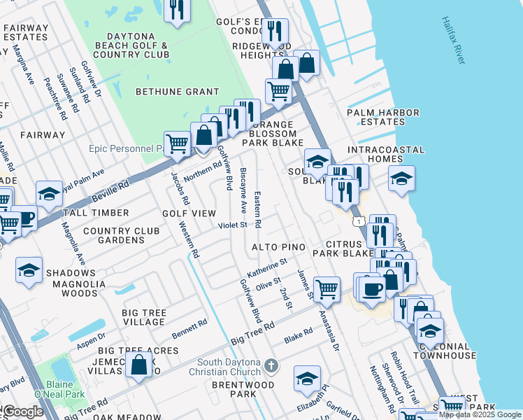 map of restaurants, bars, coffee shops, grocery stores, and more near 1769 Eastern Road in South Daytona