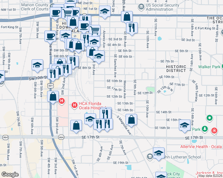 map of restaurants, bars, coffee shops, grocery stores, and more near 616 Southeast 11th Street in Ocala