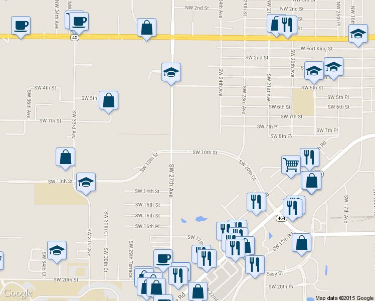 map of restaurants, bars, coffee shops, grocery stores, and more near 2603 Southwest 10th Street in Ocala