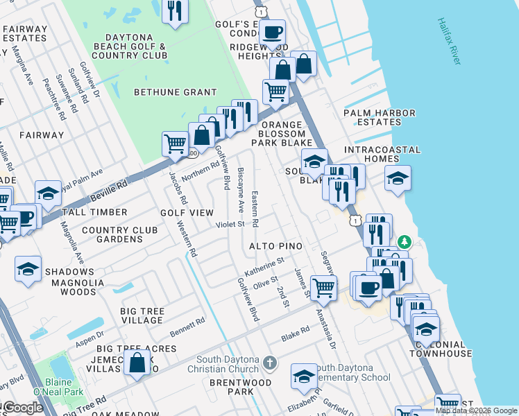 map of restaurants, bars, coffee shops, grocery stores, and more near 1769 Eastern Road in South Daytona
