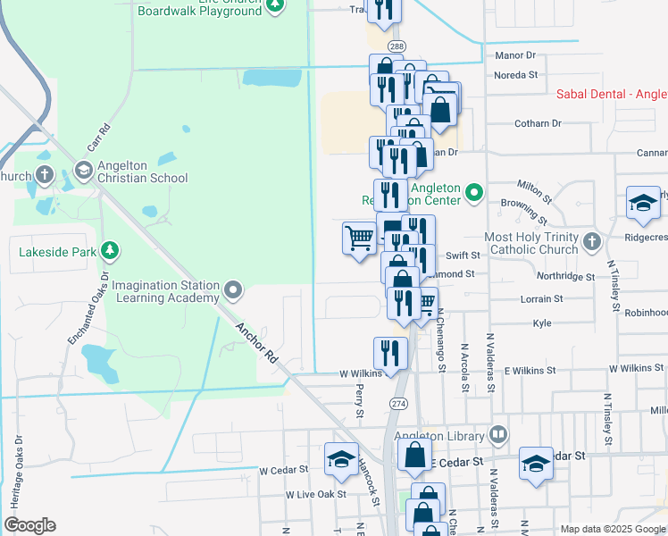 map of restaurants, bars, coffee shops, grocery stores, and more near 1125 Woodway Road in Angleton