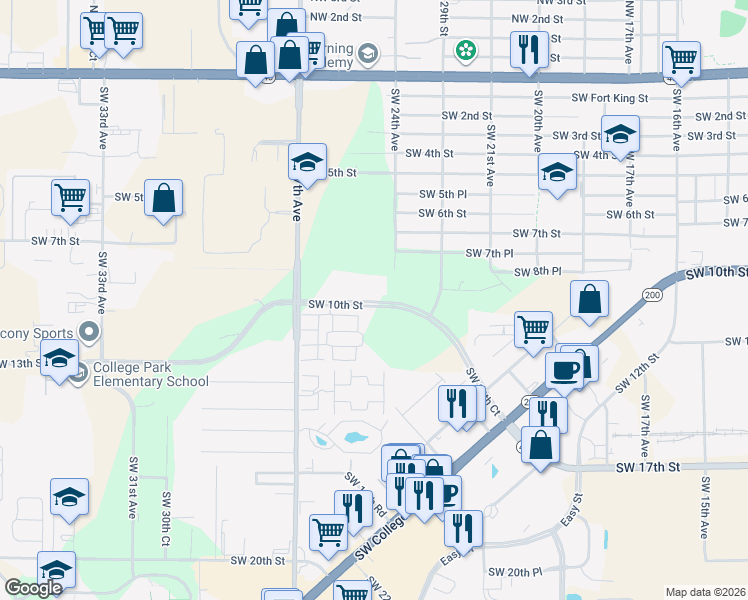 map of restaurants, bars, coffee shops, grocery stores, and more near 2501 Southwest 10th Street in Ocala