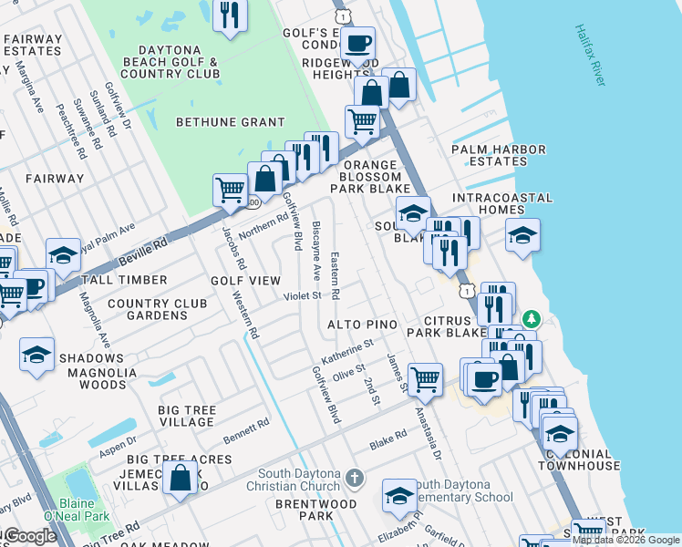map of restaurants, bars, coffee shops, grocery stores, and more near 1769 Eastern Road in South Daytona