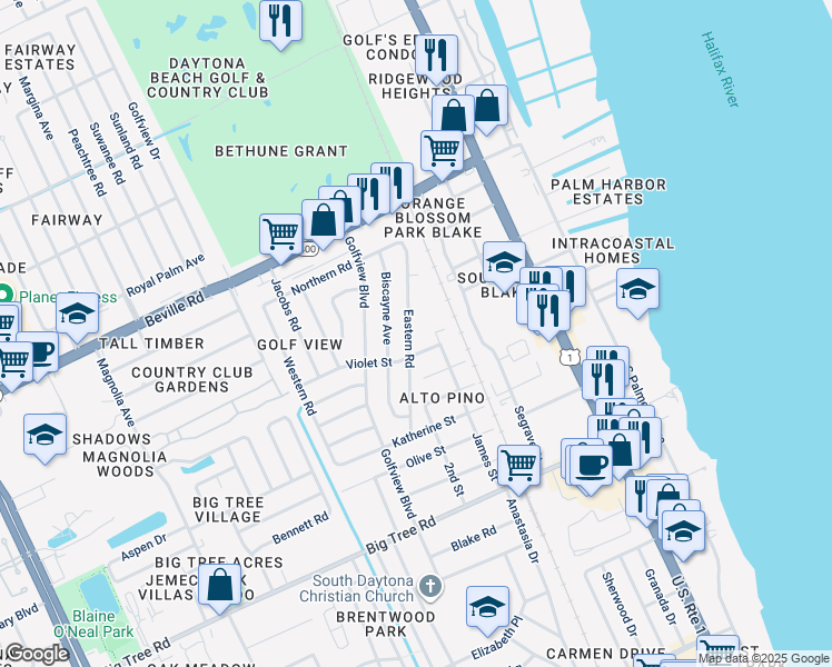 map of restaurants, bars, coffee shops, grocery stores, and more near 1769 Eastern Road in South Daytona