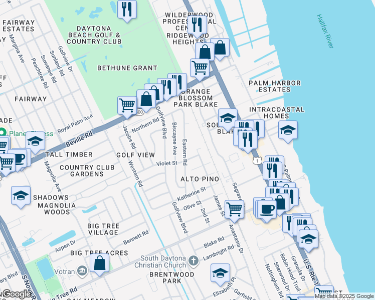 map of restaurants, bars, coffee shops, grocery stores, and more near 1757 Eastern Road in South Daytona