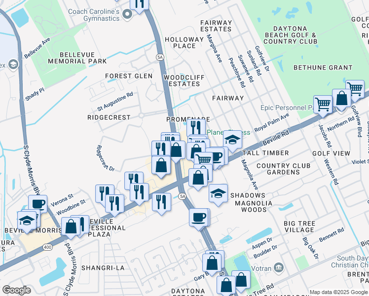 map of restaurants, bars, coffee shops, grocery stores, and more near 1441 South Nova Road in Daytona Beach