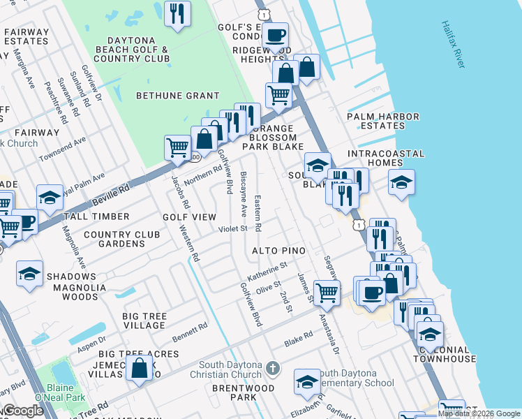 map of restaurants, bars, coffee shops, grocery stores, and more near 1769 Eastern Road in South Daytona