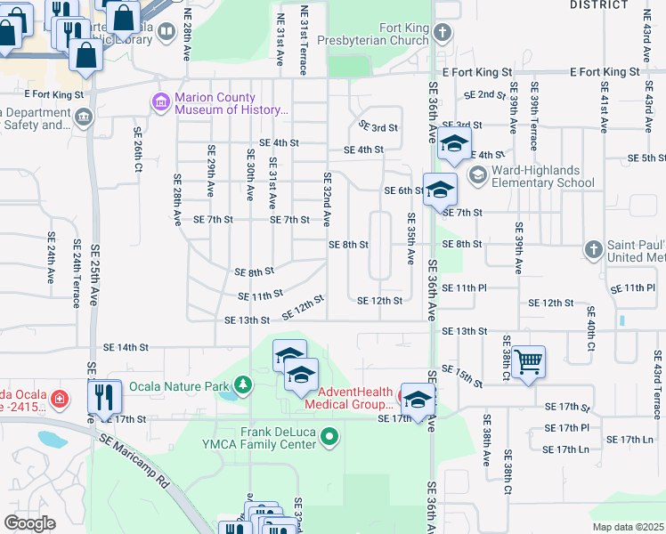 map of restaurants, bars, coffee shops, grocery stores, and more near 1111 Southeast 32nd Avenue in Ocala