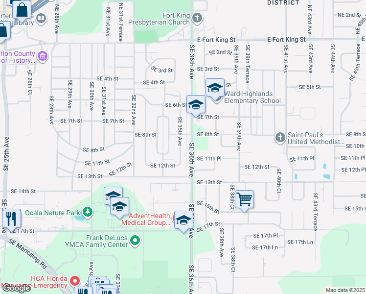 map of restaurants, bars, coffee shops, grocery stores, and more near 1111 Southeast 35th Avenue in Ocala