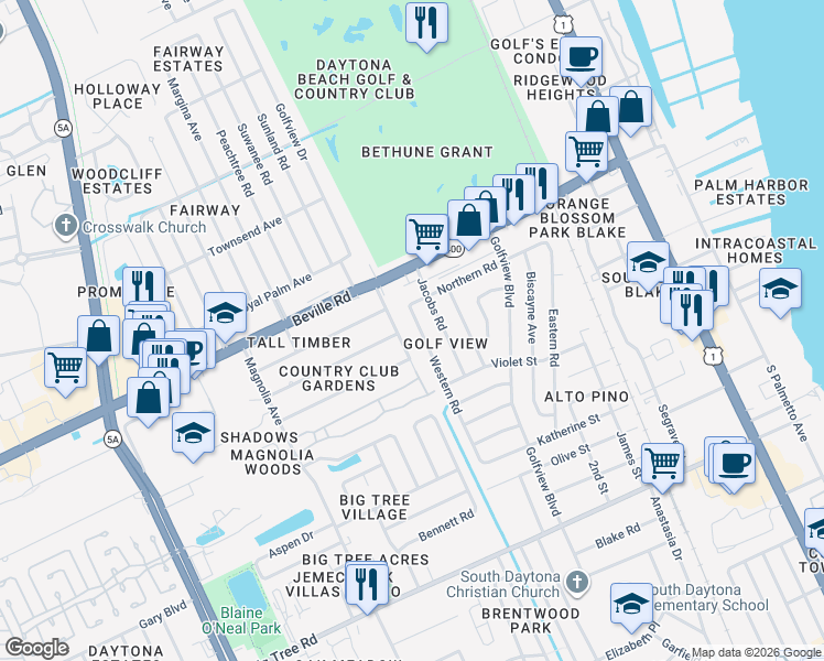 map of restaurants, bars, coffee shops, grocery stores, and more near 1650 Western Rd in South Daytona