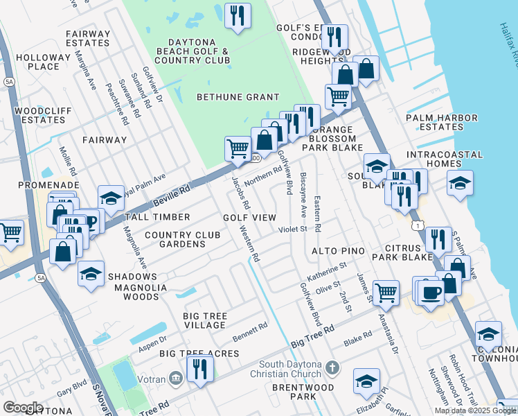 map of restaurants, bars, coffee shops, grocery stores, and more near 1706 Caldwell Road in South Daytona