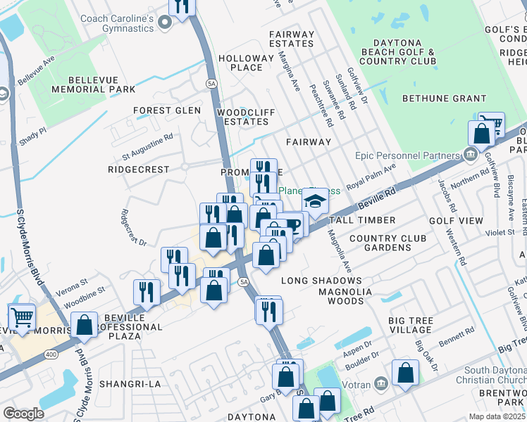 map of restaurants, bars, coffee shops, grocery stores, and more near 1441 South Nova Road in Daytona Beach