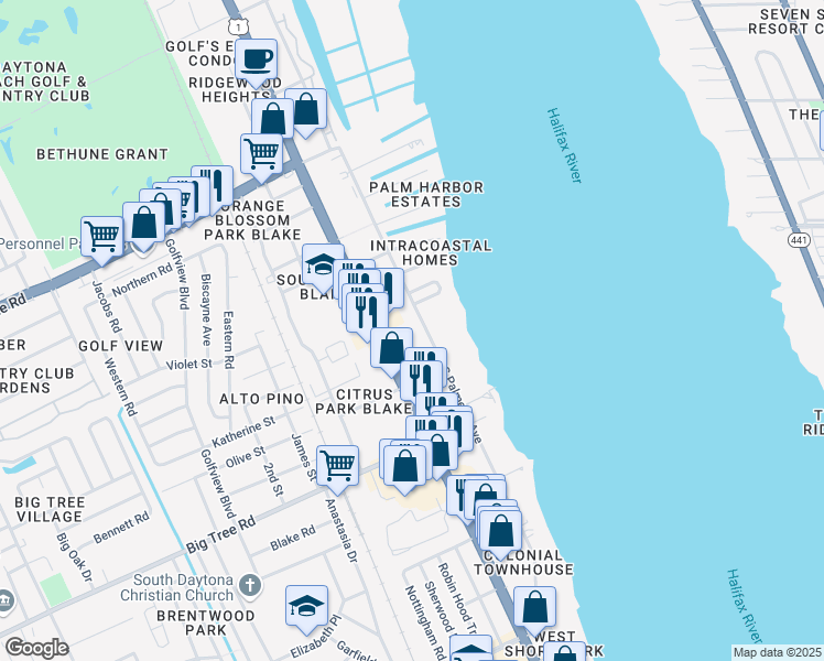 map of restaurants, bars, coffee shops, grocery stores, and more near 1830 South Palmetto Avenue in South Daytona