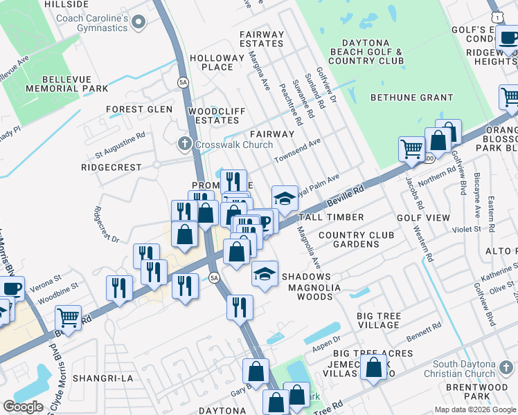 map of restaurants, bars, coffee shops, grocery stores, and more near 1432 Mollie Road in Daytona Beach