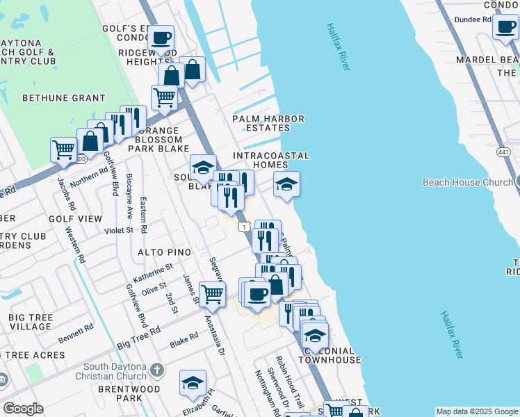 map of restaurants, bars, coffee shops, grocery stores, and more near 1830 South Palmetto Avenue in South Daytona