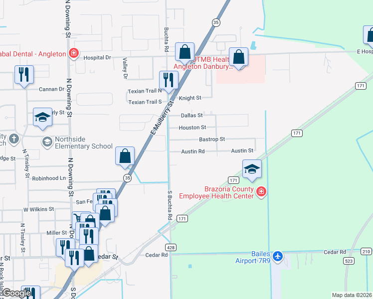 map of restaurants, bars, coffee shops, grocery stores, and more near 111 Austin Road in Angleton
