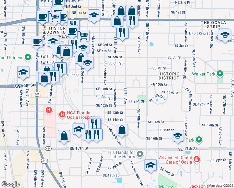 map of restaurants, bars, coffee shops, grocery stores, and more near 1017 Wenona Avenue in Ocala