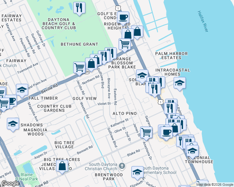 map of restaurants, bars, coffee shops, grocery stores, and more near 1769 Eastern Road in South Daytona