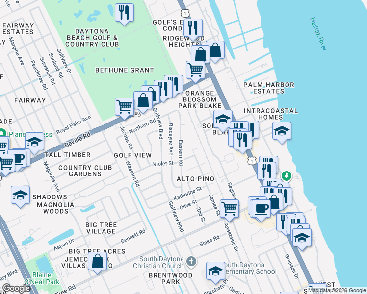 map of restaurants, bars, coffee shops, grocery stores, and more near 1769 Eastern Road in South Daytona