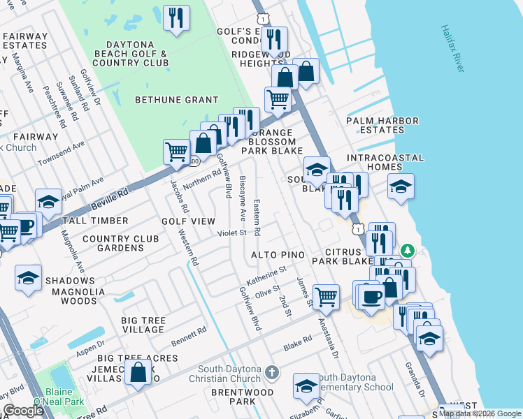 map of restaurants, bars, coffee shops, grocery stores, and more near 1769 Eastern Road in South Daytona