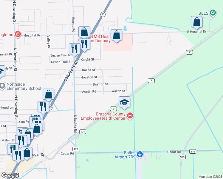 map of restaurants, bars, coffee shops, grocery stores, and more near 205 Austin Street in Angleton