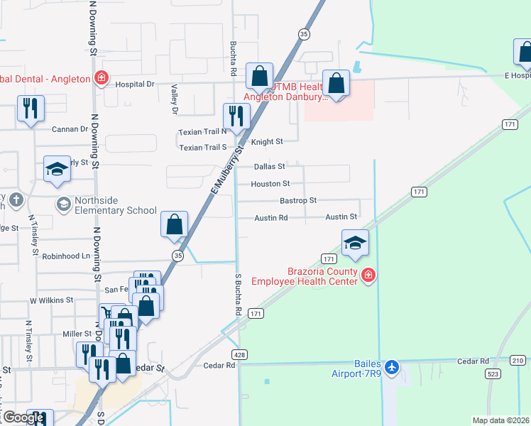 map of restaurants, bars, coffee shops, grocery stores, and more near 111 Austin Road in Angleton