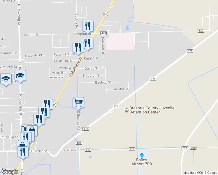 map of restaurants, bars, coffee shops, grocery stores, and more near 205 Austin Street in Angleton