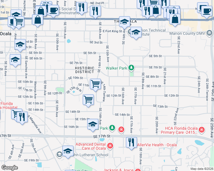 map of restaurants, bars, coffee shops, grocery stores, and more near 1109 Southeast 14th Terrace in Ocala