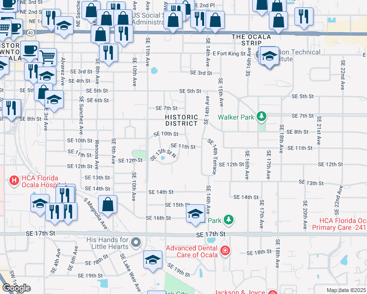 map of restaurants, bars, coffee shops, grocery stores, and more near 1252 Southeast 11th Street in Ocala