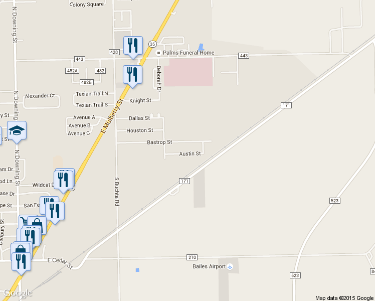 map of restaurants, bars, coffee shops, grocery stores, and more near 237 Austin Street in Angleton