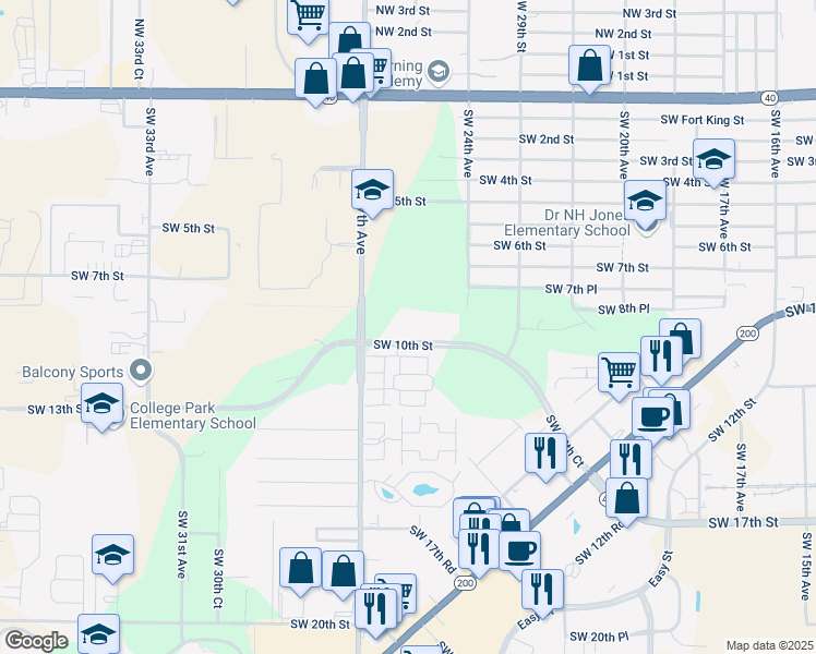 map of restaurants, bars, coffee shops, grocery stores, and more near 2603 Southwest 10th Street in Ocala