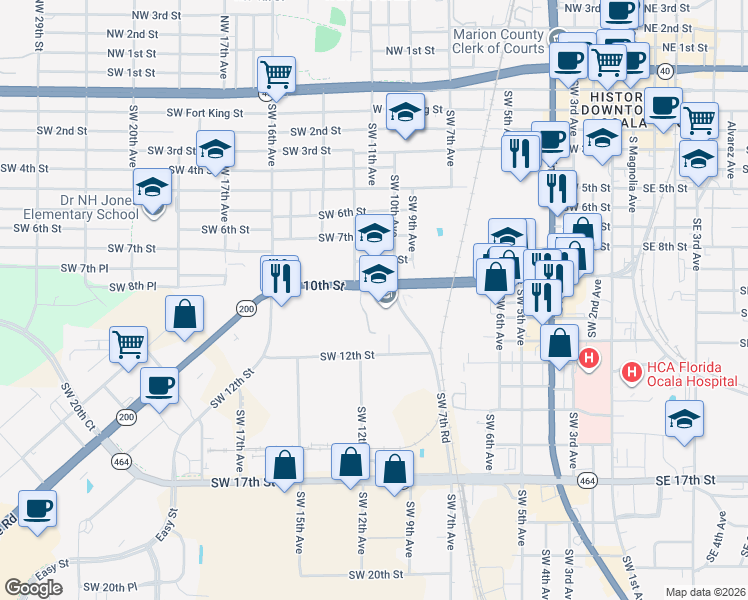 map of restaurants, bars, coffee shops, grocery stores, and more near 1014 Southwest 7th Road in Ocala