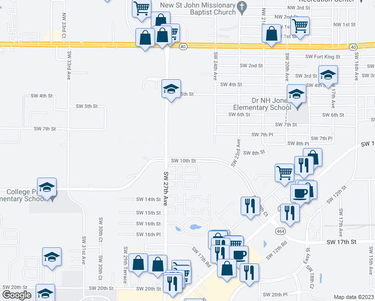 map of restaurants, bars, coffee shops, grocery stores, and more near 2603 Southwest 10th Street in Ocala