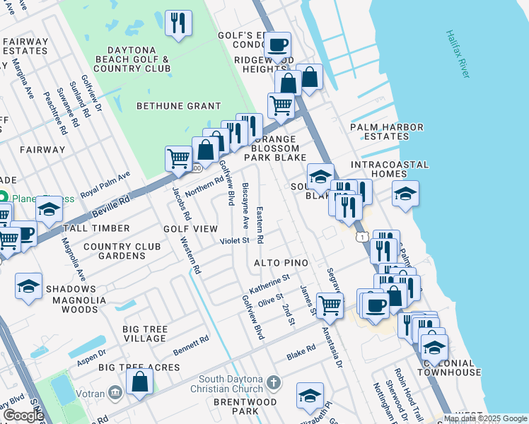 map of restaurants, bars, coffee shops, grocery stores, and more near 1769 Eastern Road in South Daytona