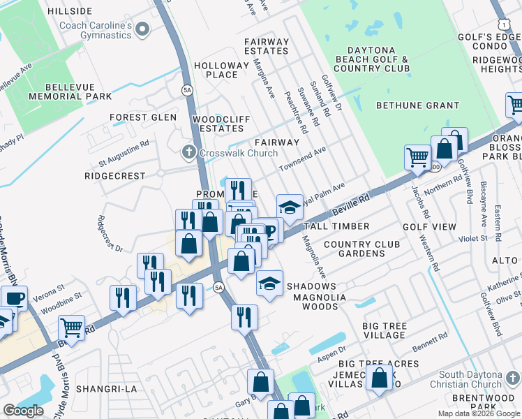 map of restaurants, bars, coffee shops, grocery stores, and more near 1432 Mollie Road in Daytona Beach