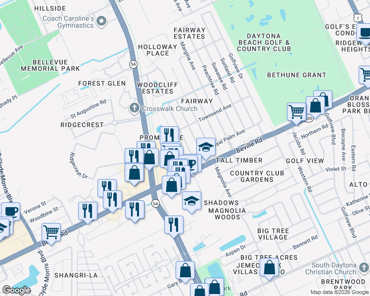 map of restaurants, bars, coffee shops, grocery stores, and more near 1432 Mollie Road in Daytona Beach