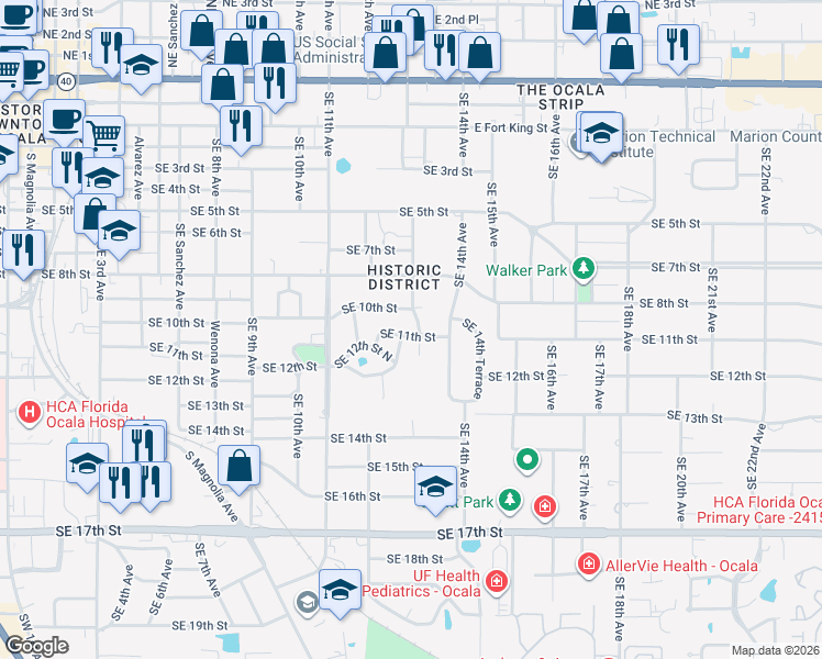 map of restaurants, bars, coffee shops, grocery stores, and more near 1252 Southeast 11th Street in Ocala