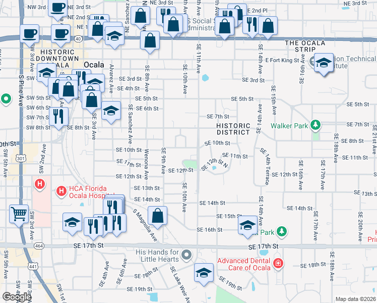 map of restaurants, bars, coffee shops, grocery stores, and more near 939 Southeast 10th Lane in Ocala