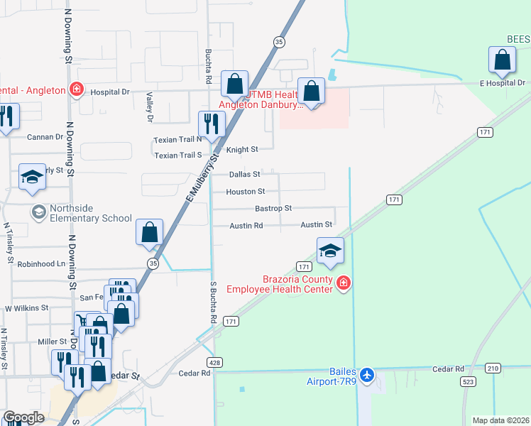 map of restaurants, bars, coffee shops, grocery stores, and more near 156 Bastrop Street in Angleton
