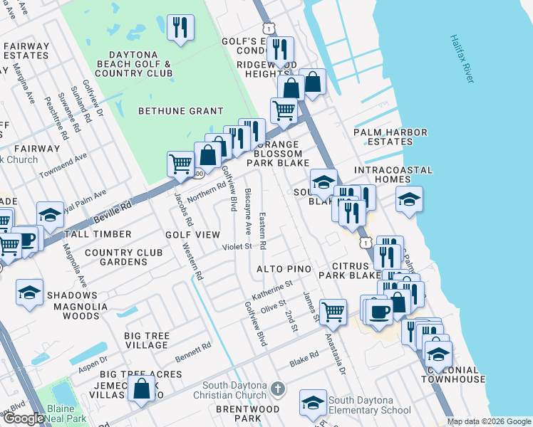 map of restaurants, bars, coffee shops, grocery stores, and more near 1729 Eastern Road in Daytona Beach